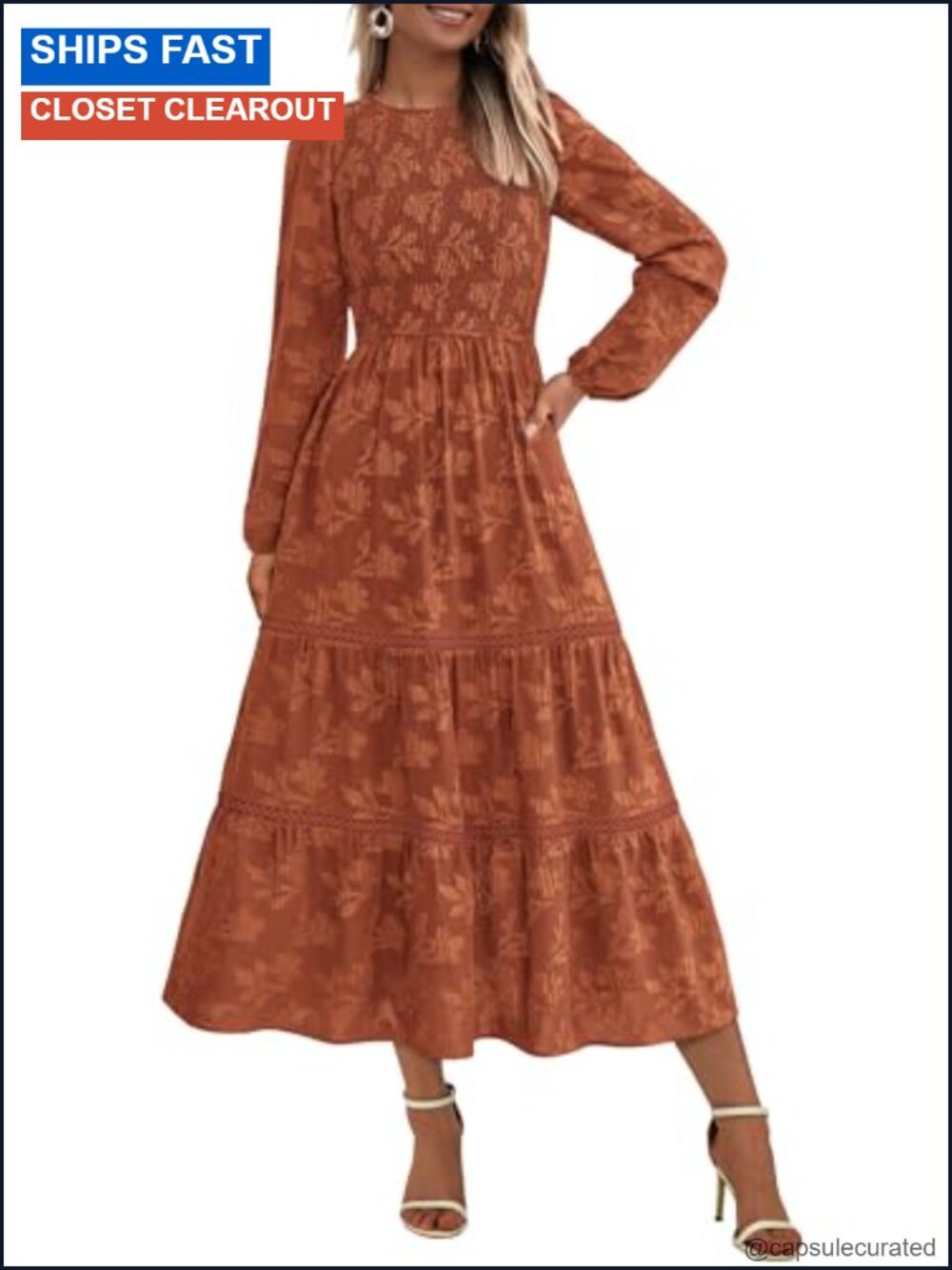 Long Sleeve Boho Floral Midi Dress Smocked Fit and Flare